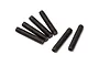 Six black metal grub screws arranged on a white background.