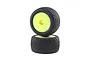 Two Losi BK Bar RC car tires pre-mounted on bright yellow dish wheels, stacked vertically against a white background.