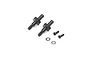 Two black metal front axles for an RC car, accompanied by two small screws and two washers on a white background.