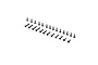 A set of 26 black metal countersunk head screws arranged in rows against a white background.