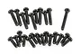 A collection of 24 black metal button head screws arranged on a white background.