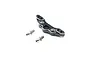 A black anodized aluminium front camber block for a Losi RC car, shown with two silver metal shock pivot balls on a white background.