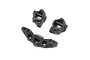 Three black plastic RC car parts including a camber block and two rear hubs on a white background.