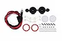 GPM Racing RC car bumper spotlight set including LED lights, black housings, metal brackets, red rings, and various screws on a white background.