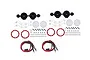 GPM Racing red car roof spotlight kit components including black housings, red rings, metal brackets, LED wires, and screws on a white background.