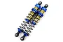 Two Yeah Racing blue and gold aluminium big bore RC shock absorbers with black springs on a white background.
