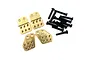 Four brass shock mounts and a set of black screws for an RC crawler, laid out on a white background.