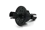 A black RC car oil-filled differential gear assembly with metal outdrives against a white background.