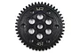 A black Yeah Racing 45T steel spur gear for RC vehicles, featuring a circular design with multiple lightening holes and laser-etched branding.