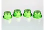 Four bright green anodized aluminium flanged nyloc nuts arranged in a row against a white background.