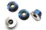 Four blue anodized aluminium flanged serrated nyloc nuts for RC vehicles, shown from different angles on a white background.