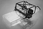 Unpainted clear polycarbonate RC Jeep CJ body shell with a black plastic roll cage and two black bucket seats, viewed from a high angle.