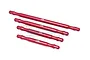 A set of four red anodized aluminium support brace bars for an RC car, arranged diagonally on a white background.