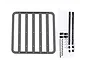 GPM Racing 1/10 scale black metal roof luggage rack kit including mounting rails, hardware, and eye bolts on a white background.