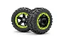 Two BlackZon 1.9 inch RC monster truck wheels with black tires and five-spoke rims featuring bright green beadlock-style rings.