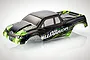 BlackZon 1/12 scale Warrior RC truck body shell in black and green with painted details on a white background.