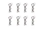 Eight silver-coloured metal RC body clips arranged in two rows of four against a white background.
