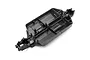 A black plastic main chassis for a 1/16 scale BlackZon Slayer RC car, viewed from a high angle.