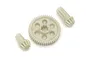 A set of three off-white plastic RC gears, including one spur gear and two pinion gears, isolated on a white background.