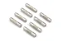 Eight small silver metal drive pins with a knurled center section arranged on a white background.