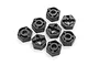 A group of eight small black plastic 12mm wheel hex adapters for RC cars arranged on a white background.