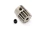 A 14-tooth metal pinion gear for an RC car, shown with a small black grub screw on a white background.