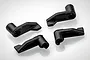 Four black plastic battery cover latches for BlackZon 1/12 scale RC cars arranged on a white background.