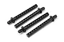 Four black plastic RC body posts with multiple adjustment holes arranged diagonally on a white background.