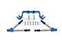 GPM Racing blue aluminium front tie rods and stabilizer brace set for 1/10 RC vehicle with included mounting hardware.