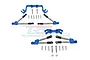 GPM Racing blue aluminium suspension upgrade kit for 1/10 RC cars including tie rods, stabiliser bars, and mounting hardware.