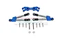 GPM Racing blue aluminium rear tie rods and stabilizer set for 1/10 RC cars, including mounting hardware and screws on a white background.