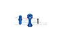 GPM Racing blue aluminium body shell lock components including two blue metal parts and one silver screw on a white background.