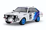 A 1/10 scale Tamiya Ford Escort MK.II rally RC car model, white with blue racing stripes, number 5, and rally-style auxiliary lights on a white background.