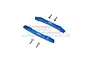 A set of two blue anodised aluminium roof skid plates for a 1/10 scale RC car, including four mounting screws, displayed against a white background.