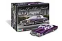 Revell 1/25 scale Custom Cadillac Lowrider plastic model kit box and a fully assembled purple and white model car.
