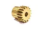 A brass 17-tooth pinion gear for RC vehicles, shown from an angled perspective against a white background.