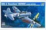 Box art for a 1/32 scale Trumpeter SBD-3 Dauntless Midway Clear Edition model kit, featuring an illustration of the aircraft in flight over the ocean.