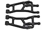 Two black RPM rear lower suspension arms for Losi 1/16 Mini-T 2.0, marked with L and R, isolated on a white background.