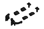 ARRMA front body mount set components including two curved mounting arms, four wedge-shaped spacers, and two vertical body posts in black plastic.