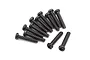 A group of twelve black metal button head screws with coarse threads arranged on a white background.