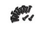 A collection of twelve black metal countersunk screws with Phillips heads arranged on a white background.