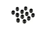 A collection of twelve small black metal grub screws with hexagonal sockets arranged on a white background.