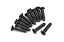 A group of twelve black metal countersunk screws with coarse threads arranged on a white background.