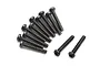 A set of twelve black button head screws with coarse threads, arranged in a group on a white background.