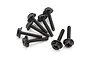 A set of eight black metal RC wheel lock bolts with flanged heads and Phillips drive, arranged on a white background.