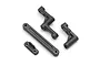 Four black plastic RC steering components including an Ackerman plate and steering bellcrank parts for BlackZon 1/16 Slayer.