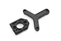 Two black plastic RC spare parts, a Y-shaped brace and a rectangular motor mount, isolated on a white background.