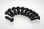 A collection of ten black button head screws with coarse threads arranged in a semi-circle on a white background.