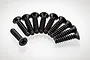A set of ten black metal countersunk screws with coarse threads arranged in a semi-circle on a white background.
