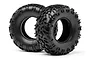 Two black 2.2-inch RC rock crawling tyres with aggressive tread patterns, shown side-by-side against a white background.